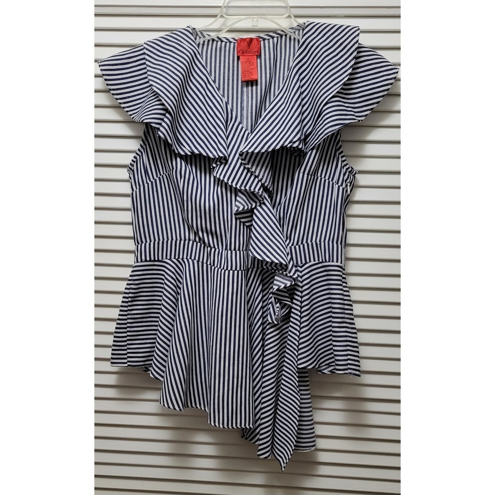 Chic Womens Navy White Striped Ruffle V-Neck Peplum Blouse Top Medium